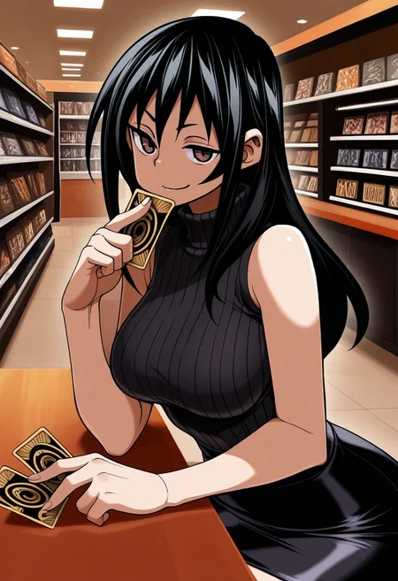 masterpiece, best quality, amazing quality, EmiSawatari, black hair, brown eyes, 1girl, solo, indoors, black sweater, sleeveless, tight skirt, sitting, table, indoors, store, upper body focus, holding cards, confident smirk, looking at viewer, magic: the gathering,