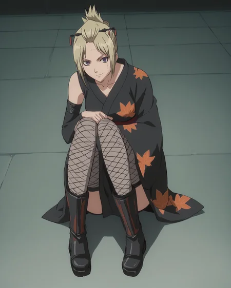 score_9, score_8_up, score_7_up, score_6_up, score_5_up, score_4_up,source_anime, uncensored, nsfw, in a Japanese town, BREAK
 <lora:Tsukuyo_Gintama:1>1girl, solo, Tsukuyo, blonde hair, folded ponytail, scar on face, purple eyes, collarbone, Black kimono, sleeveless kimono, detached sleeve on girl's right arm, folded ponytail, orange leaf print on left sleeve and lower kimono, slit in kimono showing girl's legs, fishnet stockings, boots,
(full body shot), looking at the viewer, light smile