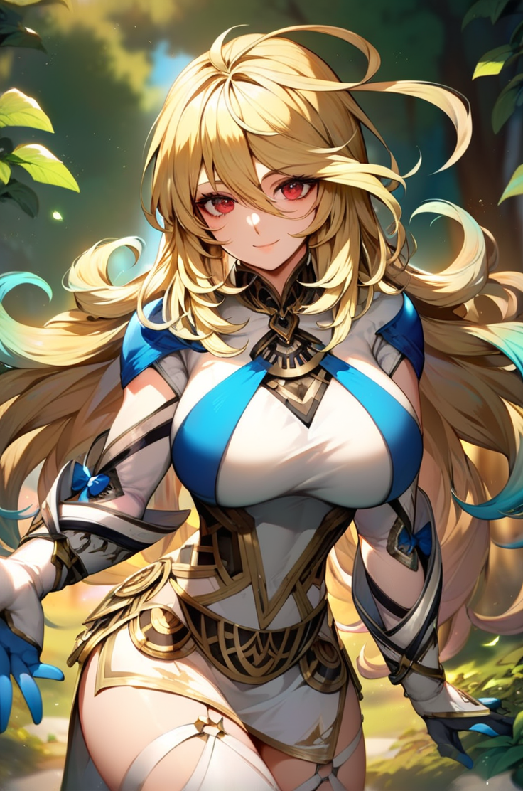 score_9, score_8_up, score_7_up, very aesthetic, source_anime, detailed, high quality, beautiful, masterpiece, detailed eyes,
<lora:lightXL:0.8>
forest, blurry background, magic effects,
<lora:action-sdxl-V0.5:1>zdyna_pose
dynamic angle, upper body, close up,
light smile, dynamic pose, 
<lora:millaX2_autismConfetti_v02:0.99>
milla maxwell, blonde hair, gradient hair, ahoge, red eyes, very long hair, large breasts, gloves, hair between eyes, short dress, side slit, white legwear,, zPDXL