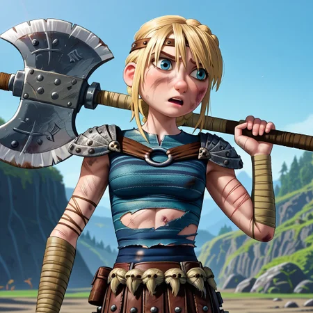 score_9, score_8, score_7, score_6, Kiri, Astrid, fFaceDetail, OverallDetail, ripped and torn clothes, cuts and bruises, dirty skin, holding a battle axe, solo