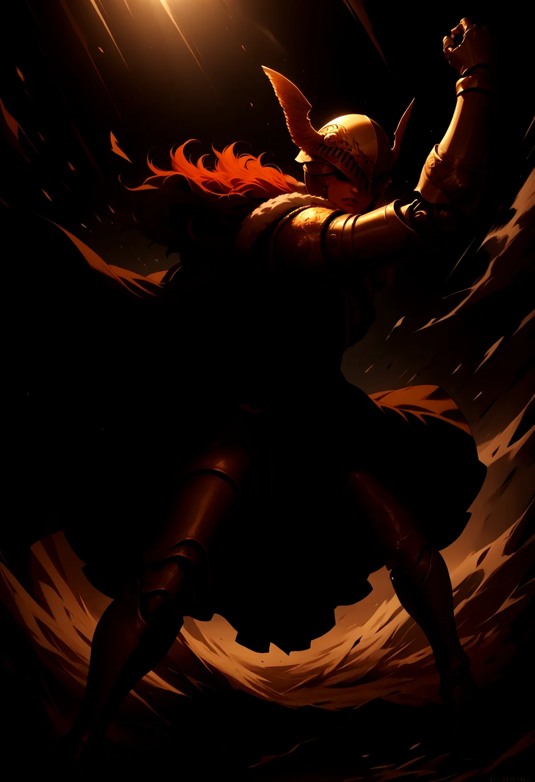 score_9, score_8_up, score_7_up, source_anime, prothestic leg, single mechanical arm, prosthesis, mechanical legs, MaleniaDef, armor, cape, helmet, brown dress, <lora:Malenia_XLPD:1>, fighting stance,