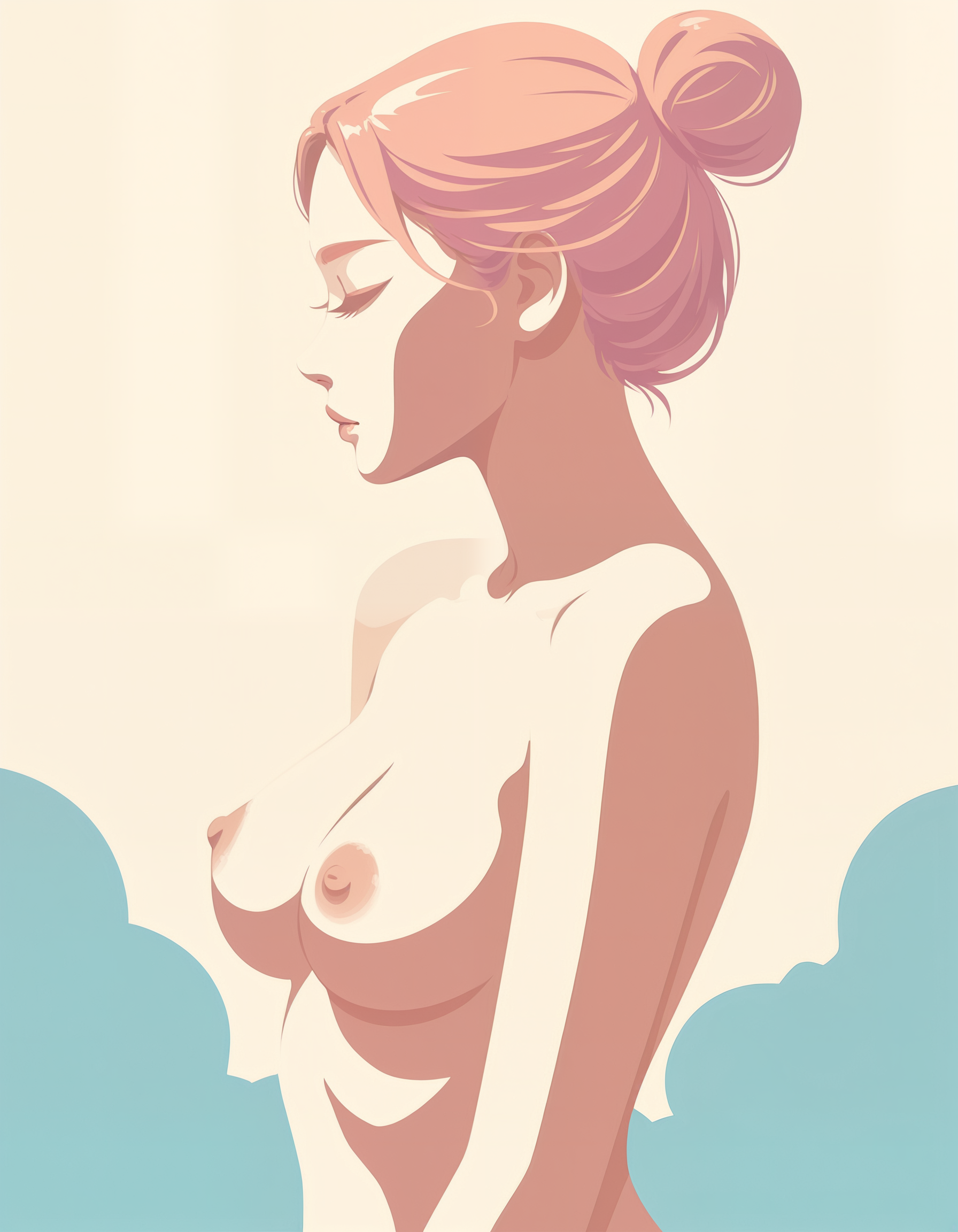 minimalistic, flat color, no lineart, 1girl, side view, silhouette, hair bun, perfect body, nude, naked, hard nipple, simple colorful background