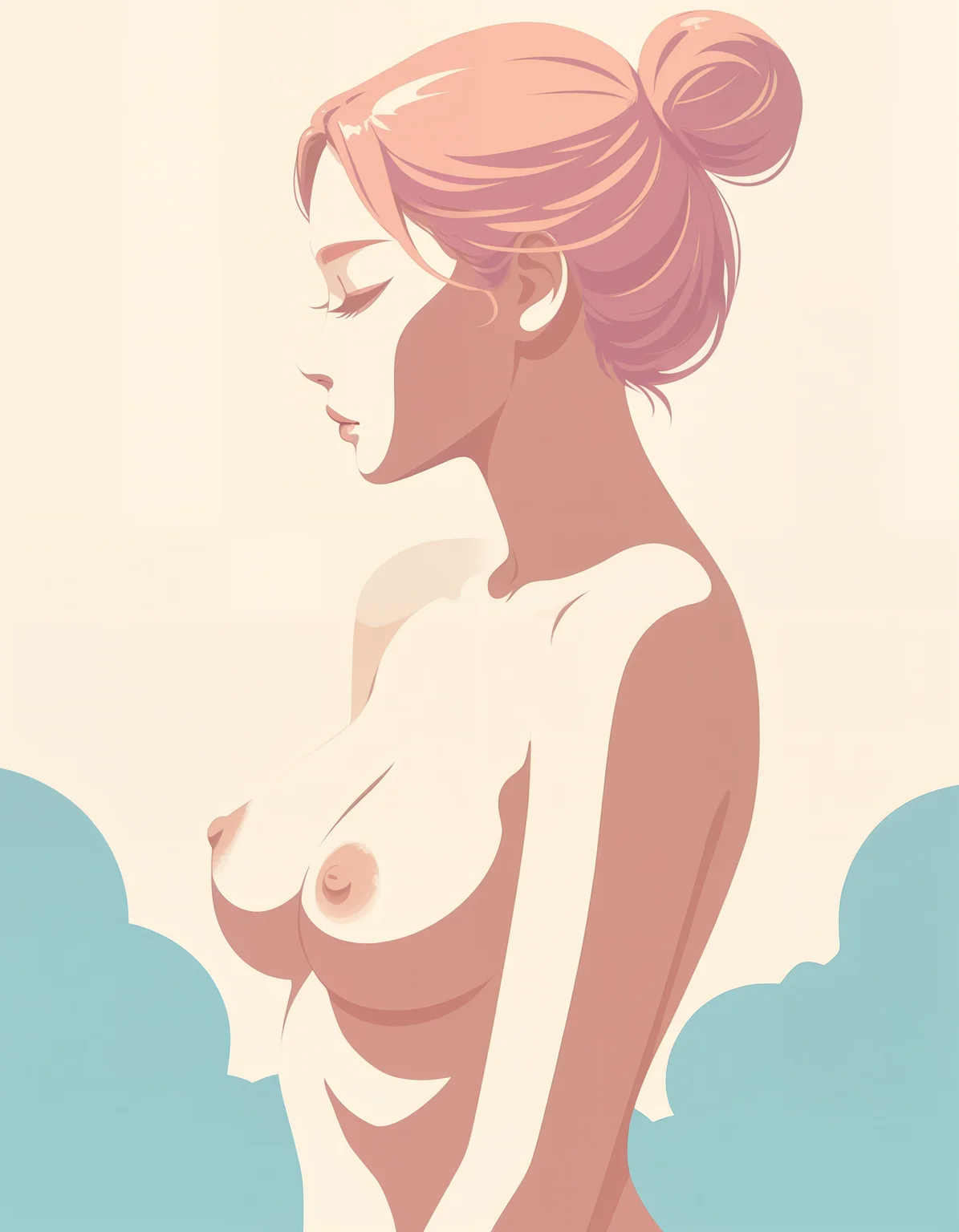 minimalistic, flat color, no lineart, 1girl, side view, silhouette, hair bun, perfect body, nude, naked, hard nipple, simple colorful background