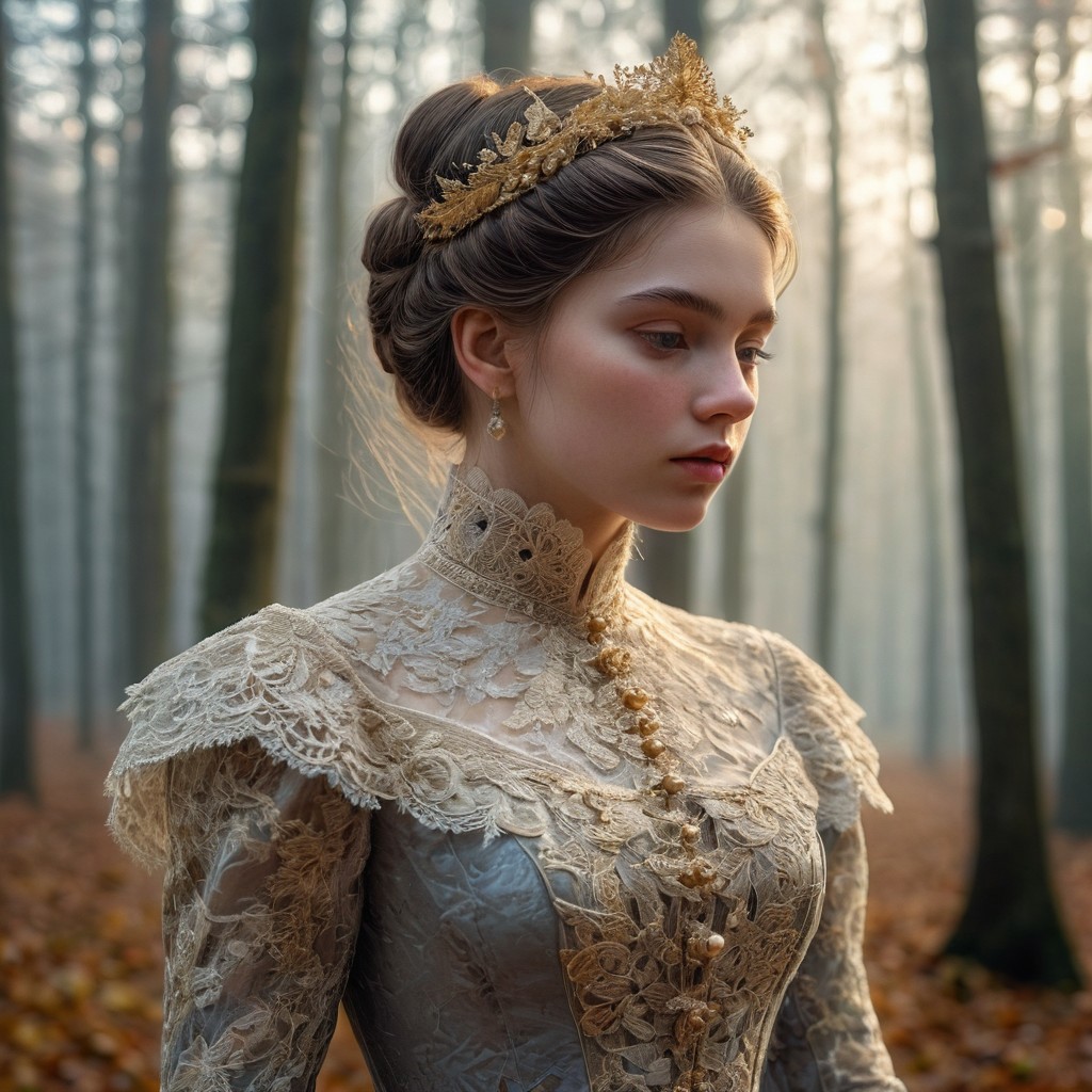 epiCRealism, masterpiece, highly detailed, one girl in a extremely detailed Victorian dress, lace and embroidery with golden leaves and pearls, hair made in a high bun, she walks alone through a late autumn forest in a cold morning, the Sun has just risen and timid sun-rays pierce the autumn leafs and reaches the early mist that clings to the earth, time stands still while  early snowflakes falls from a grey sky