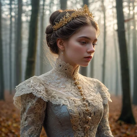 epiCRealism, masterpiece, highly detailed, one girl in a extremely detailed Victorian dress, lace and embroidery with golden leaves and pearls, hair made in a high bun, she walks alone through a late autumn forest in a cold morning, the Sun has just risen and timid sun-rays pierce the autumn leafs and reaches the early mist that clings to the earth, time stands still while early snowflakes falls from a grey sky