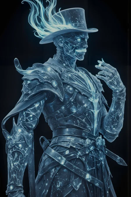 A phantom duelist phases through matter, his spectral tophat floating above translucent form. His rapier is forged from concentrated moonlight, leaving trails of ectoplasmic energy as he attacks. His formal armor shifts between solid and incorporeal states, ghostly tails trailing each movement. A haunted ballroom's broken mirrors reflect his passage. His aristocratic features hold eternal sorrow, eyes glow with unfinished business, and his mustache still maintains its mortal perfection. , detailed background Fantastic lighting. Detailed shadows.intricate details, vivid colors, hyper-detailed, ultra-sharp <lora:- Flux1 - soothing_atmo_V2.0:0.35><lora:Movie_Portrait:0.45><lora:KB_AgfaCA20_FLUX:0.45><lora:- Flux1 - vanta_black_V2.0:0.3><lora:Dark_Knights_Flux:0.4><lora:Hong Kong action cinema style v1:0.65><lora:FluxFantasyKnightV2Test:0.35><lora:ck-holographic-glitter-000015:0.7>