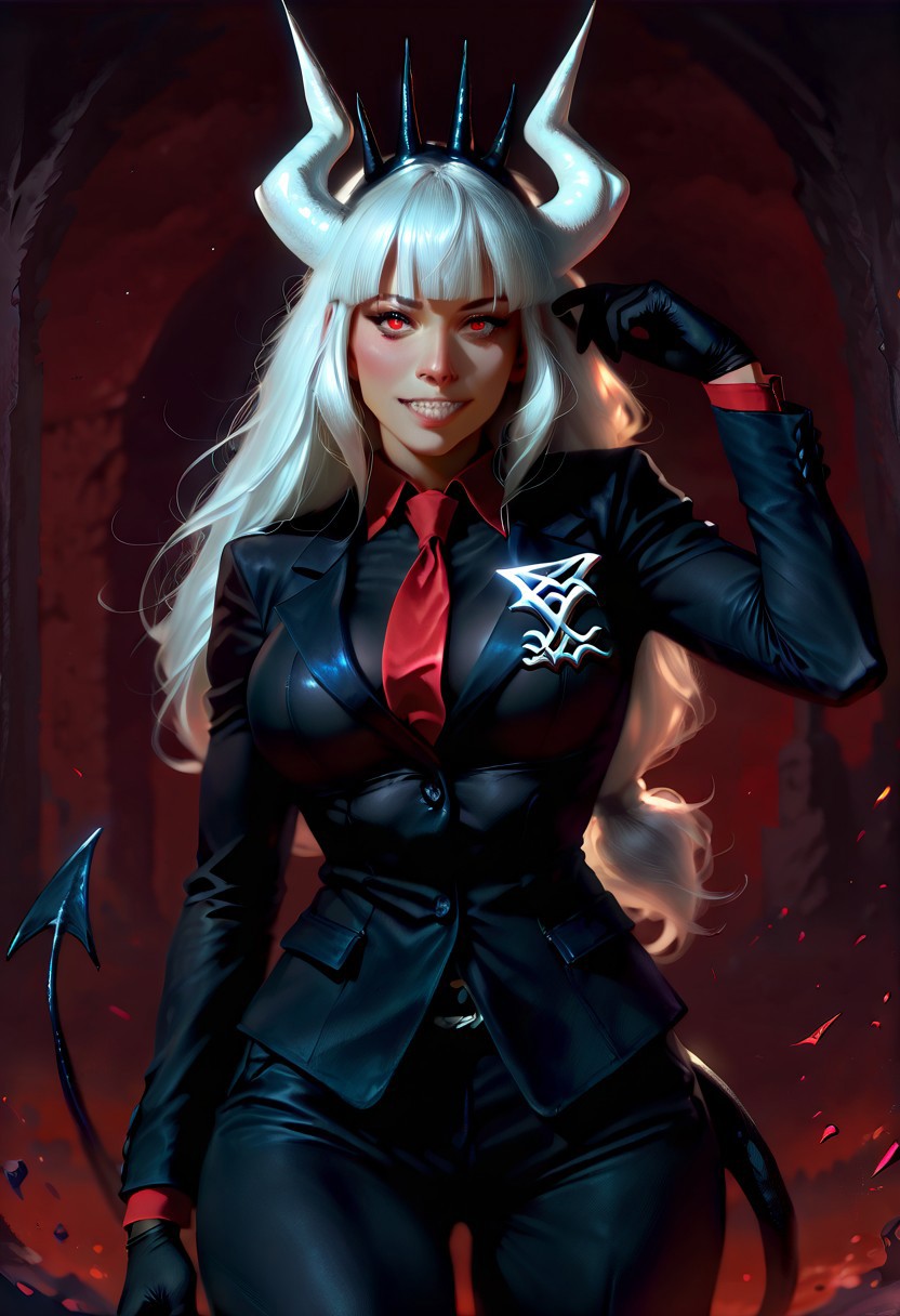 best quality, masterpiece, tixnenstyleIL-V1.0, semi-realistic, 1girl, solo, lucifer \(helltaker\), black suit, red necktie, black collared shirt, black gloves, blunt bangs, demon horns, demon girl, demon tail, sharp teeth, red eyes, white hair, long hair