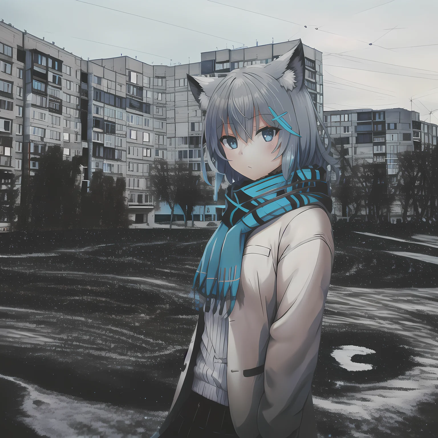 1girl, ebenya, looking at viewer, white hair, neko, cat ears, cat tail, white shirt, open clothes, russian city, ba-shiroko