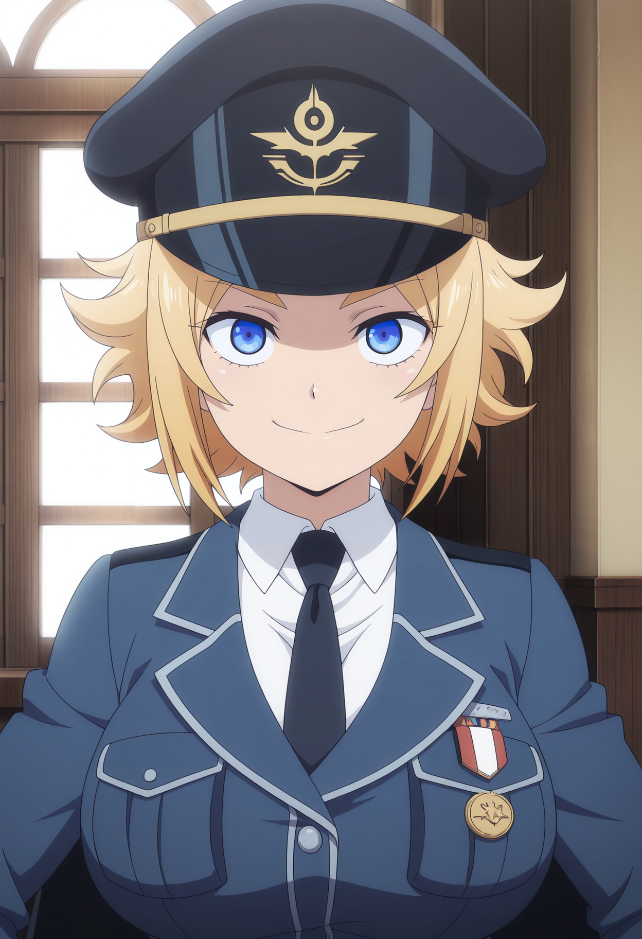 1girl,solo,mm,mature female,short hair,blonde hair,blue eyes,large breasts,anime coloring,
hat,uniform,necktie,jacket,shirt,cape,upper body, looking at viewer, smile,indoors
,masterpiece,best quality,amazing quality,<lora:Chris_Westland-Kinsou_no_Vermeil:0.8>