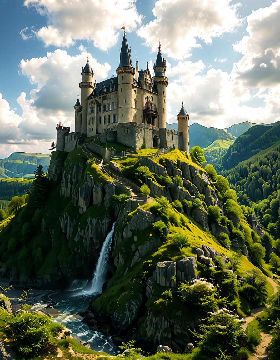 A realistic photograph of a grand medieval castle,medieval c4stl3, perched atop a rugged hill, surrounded by a scenic landscape. The castle is constructed from weathered gray stone, with tall, imposing towers, battlements, and a fortified wall encircling its perimeter. A large central keep rises above the other structures, its windows narrow and arched, evoking a sense of strength and history.
The hill is covered in patches of green grass and rocky outcrops, with a winding dirt path leading up to the castle gates. In the foreground, the surrounding countryside stretches out, dotted with small trees and wildflowers, while in the distance, rolling hills and a faint mist add depth and atmosphere to the scene. The sky above is partly cloudy, with rays of sunlight breaking through, casting dramatic shadows on the castle and hill.
The overall mood is majestic and timeless, capturing the grandeur and mystery of medieval architecture in harmony with its natural surroundings.<lora:SDXLFaeTastic2400:0.4> <lora:extremely_detailed:0.4> extremely detailed, <lora:medieval_c4stl3:1>, Masterpiece,best quality,hi res,8k,hi res,8k,award winning,(sharp focus, intricate, highly detailed),