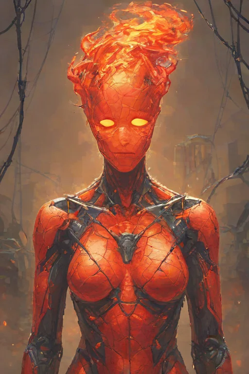 score_9,score_8_up,<lora:Turbo_XL:1>,1girl,maximum details,cybernetics,human-machine fusion,dystopian,organic meets artificial,dark,intricate,futuristic,technological,cybernetic enhancements,robotics,artificial intelligence themes,android,AI,machine,metal,wires,tech,biomechanical cyberpunk,<lora:FireHuman:1>,firehuman,colored skin,orange fireskin,fire,empty eyes,<lora:BeautyInEvilPony:0.7>,hkevil,