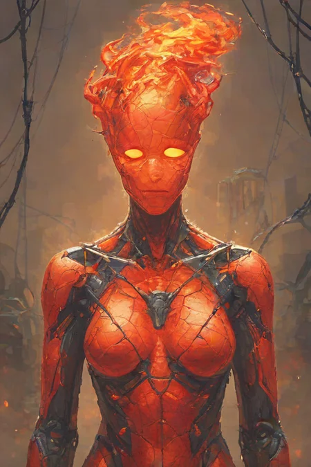 score_9,score_8_up,<lora:Turbo_XL:1>,1girl,maximum details,cybernetics,human-machine fusion,dystopian,organic meets artificial,dark,intricate,futuristic,technological,cybernetic enhancements,robotics,artificial intelligence themes,android,AI,machine,metal,wires,tech,biomechanical cyberpunk,<lora:FireHuman:1>,firehuman,colored skin,orange fireskin,fire,empty eyes,<lora:BeautyInEvilPony:0.7>,hkevil,