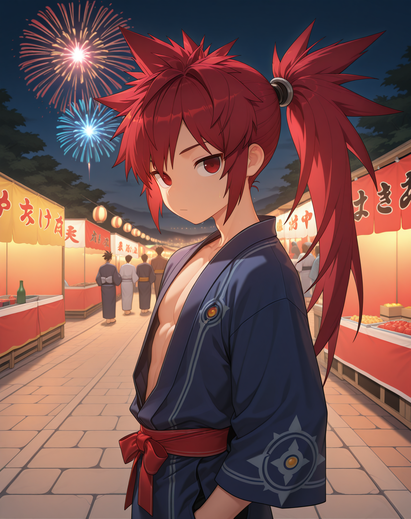 masterpiece,best quality,amazing quality, newest, very aesthetic, absurdres,
1boy, solo, yaoi, male focus, looking at viewer, cowboy shot,
 <lora:Elsword_Sheath_Knight_ilxl:1> elswordsk, red hair, red eyes, spiked hair, long hair, ponytail,
yukata, open clothes,
outdoors, festival, night, fireworks, stone floor,