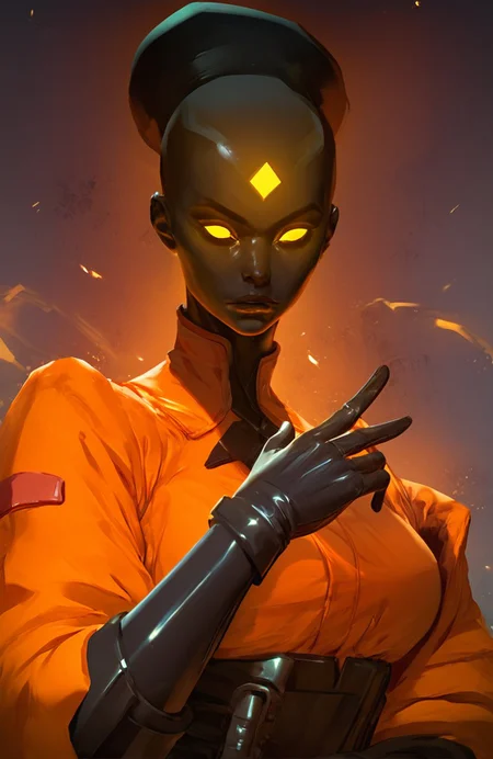 score_9, score_8_up, score_7_up,
beautiful athletic haze_dl, 1girl, sexy, yellow eyes, glowing, dark skin, glowing eyes, bodysuit, hair bun, gloves, black skin, orange jacket, 
<lora:cutesexyronutts_style_xl:0.8> <lora:Fant5yP0ny:0.5> <lora:Haze:0.9>