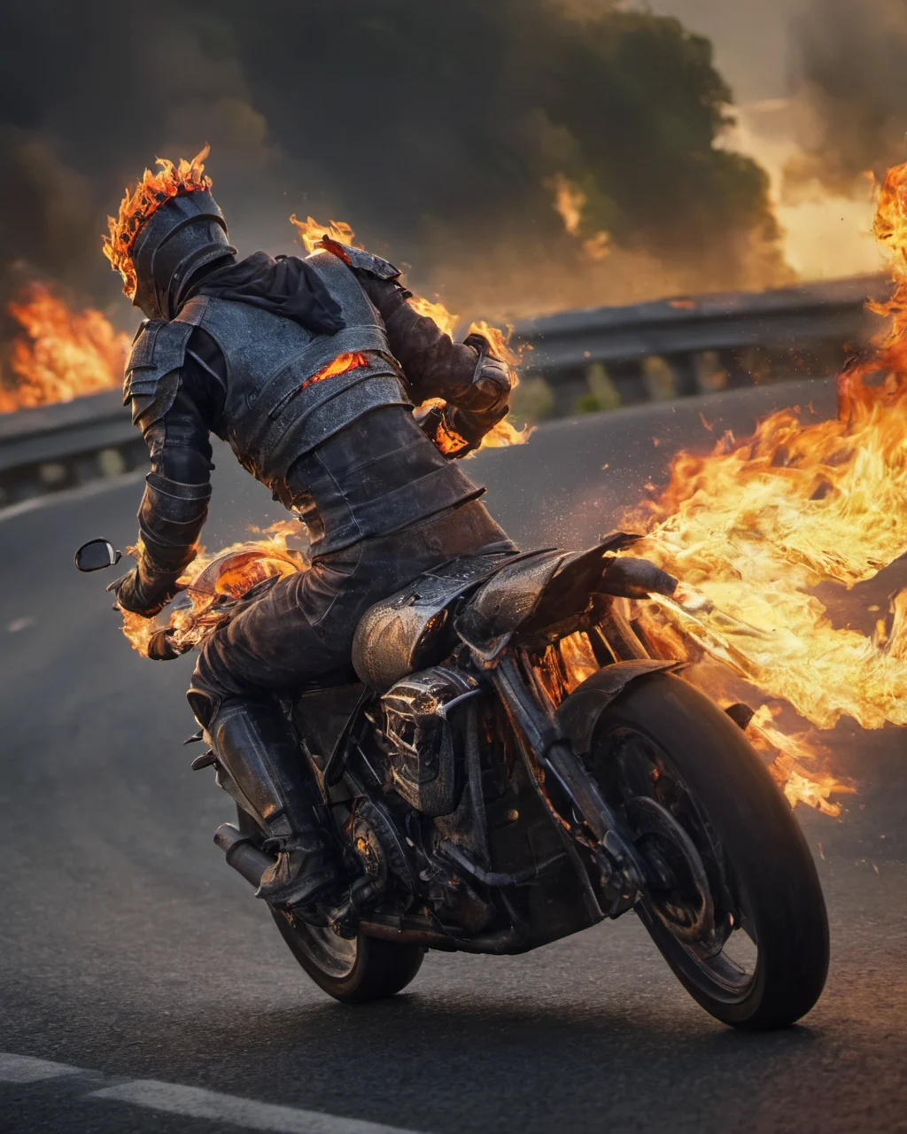 hyperdetailed photography,masterpiece,awardwinning,128k uhd,cndrlord,man in flaming armor on a motorbike driving on a highway ,<lora:lordofcinders:0.8>,raw photo,sharp focus,bokeh,epic,official art