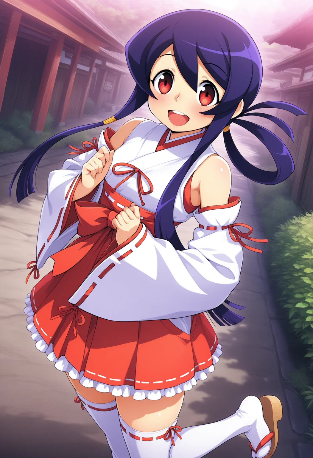 kaidou_akane, purple hair, red eyes, long hair, sidelocks, teenage,
ribbon trim, red ribbon, white detached sleeves, white japanese clothes, red short hakama, red skirt, thighâhigh white socks with frills, miko, zettai ryouiki, sandals
<lora:kaidou_akane(yajikita douchuuki)_Illustrious-XL-1.1-v1:1>, masterpiece,best quality,amazing quality, 1girl, solo, standing, (dynamic pose) , blush,
looking at viewer,cowboy shot,open mouth,light smile,
(outdoors)