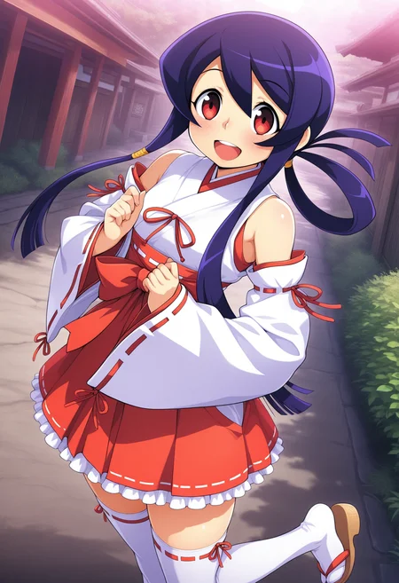 kaidou_akane, purple hair, red eyes, long hair, sidelocks, teenage,
ribbon trim, red ribbon, white detached sleeves, white japanese clothes, red short hakama, red skirt, thighâhigh white socks with frills, miko, zettai ryouiki, sandals
 <lora:kaidou_akane(yajikita douchuuki)_Illustrious-XL-1.1-v1:1>, masterpiece,best quality,amazing quality, 1girl, solo, standing, (dynamic pose) , blush,
looking at viewer,cowboy shot,open mouth,light smile, 
(outdoors)