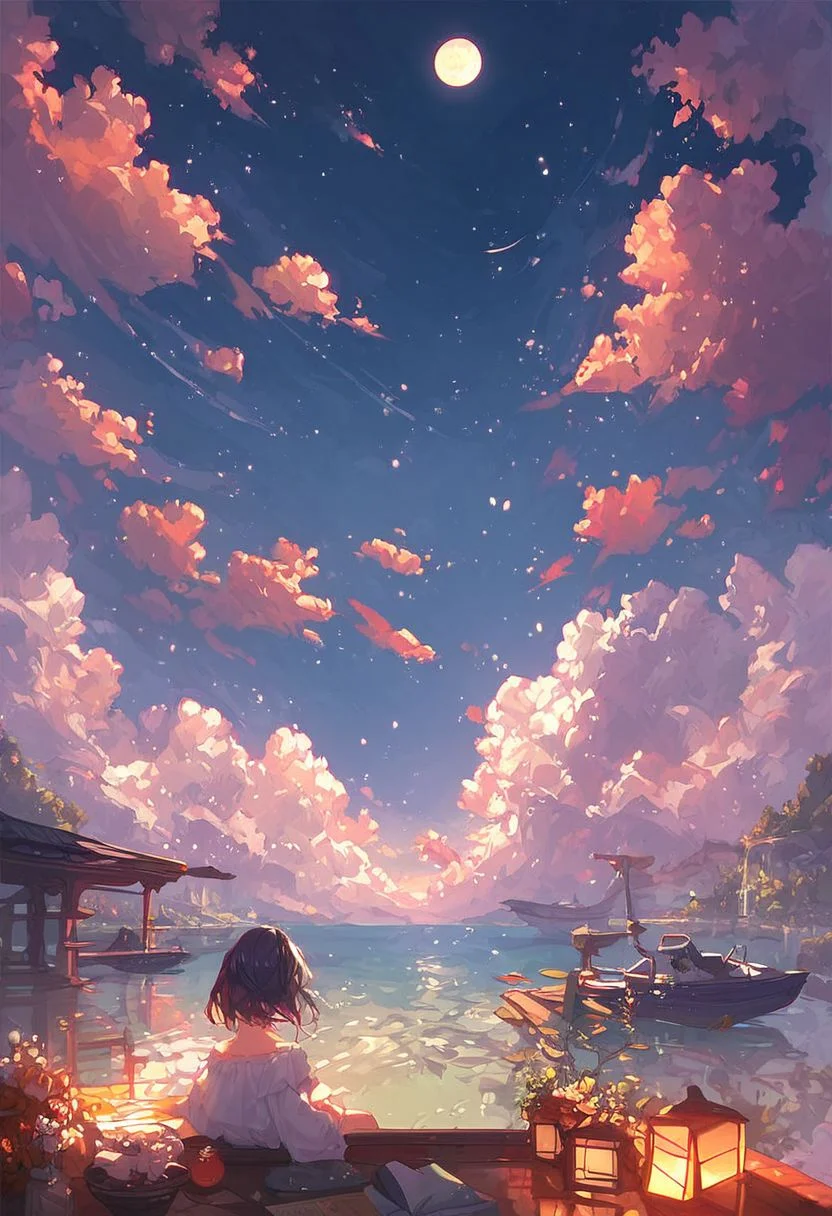 score_9, score_8_up, score_7_up, koi fishes, moon, night sky, water, beautiful, holy, calm, scenery, clouds, shower, boat, floating lanterns, landscape.