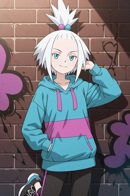 1girl,,smile, hand in pocket,  cool pose, brick wall, graffiti on the walls,against the wall,
<lora:roxie_2_pe:0.8> 
Roxi5,
blue eyes,pale skin, freckles, 
white hair, tied in a high,spiky ponytail ,hair ornament, purple and blue hair bobbles,
hoodie, hoodie_details blue and pink,
pants, shoes,, masterpiece, high quality, absurdres, best quality, very aesthetic, newest,