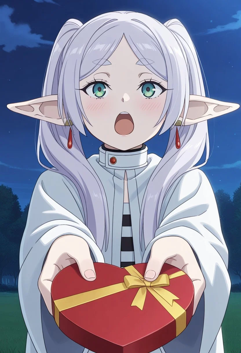 recent, highres, masterpiece, masterpiece,best quality,amazing quality, 1girl, anime screencap, heart-shaped box, holding, box, gift, valentine, incoming gift, closed eyes, blush, open mouth, outstretched arms, outdoors, night sky, clouds, shouting, Frieren, Frieren, Long silver hair, Pointed ears, Deep blue eyes, Elven appearance, Flowing robes, Wears a hat, Pale skin, Elegant attire, zzFrieren, long hair, twintails, green eyes, grey hair, pointy ears, elf,