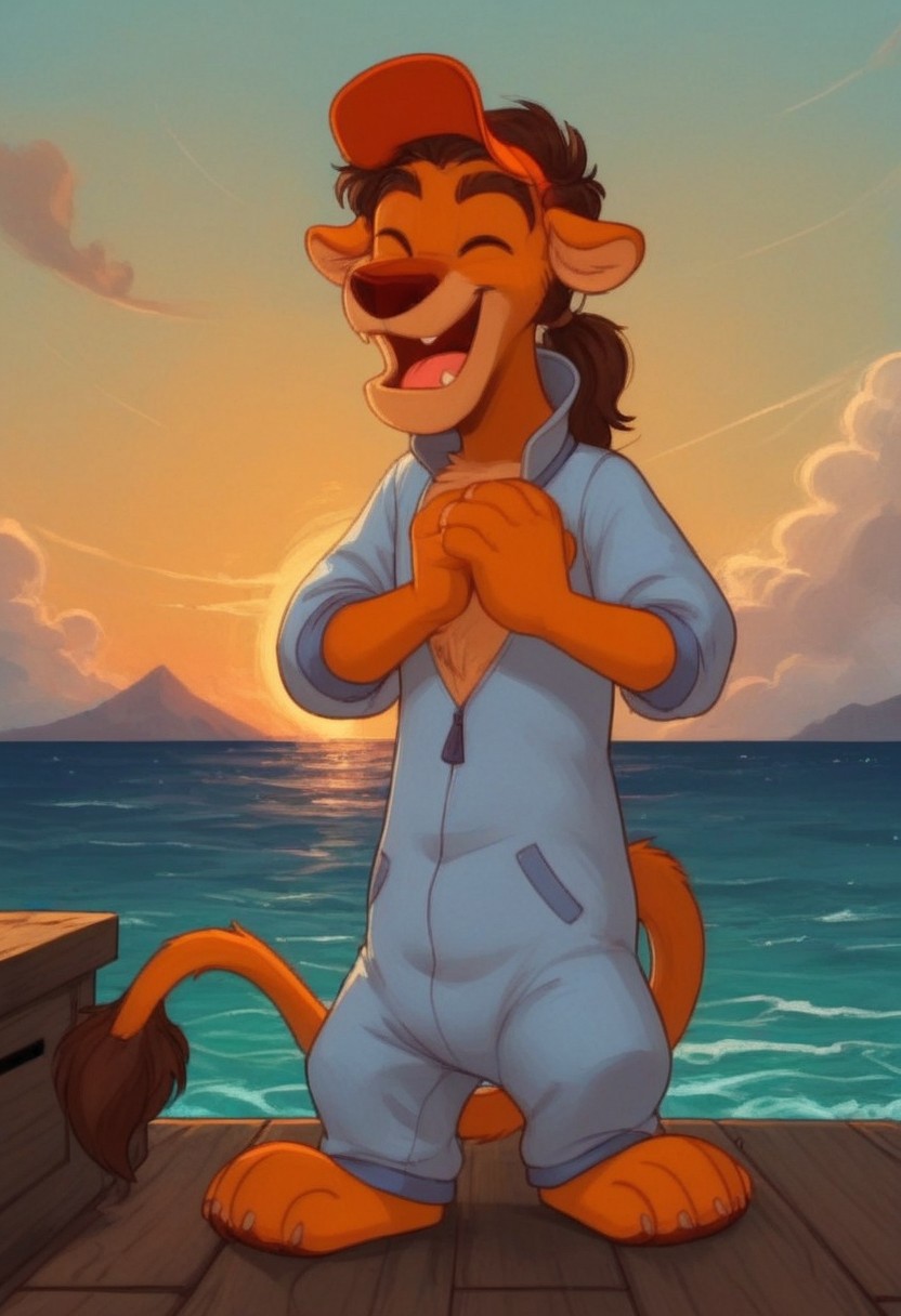 score_7, score_8, score_9, dynamic lighting, detailed background, background is ship dock, dock, (stacked crates), ((ocean)), boats, mountains in distance, ((outdoors)), clouds, sunny, (close up), cowboy shot,
BREAK 
Solo, 1boy, ((anthropomorphic)), furry male, Wildcat, yellow fur, two tone fur, brown hair, hair in ponytail, animal nose, black eyes, slender, animal ears, yellow ears, (yellow tail), feet claws, snaggle tooth, eye mask, fluffy fur, fluffy eyebrows, (fang), chest fur tuft,
BREAK 
standing, ((eyes closed)), ((laughing)), jumpsuit, hat, arms crossed,