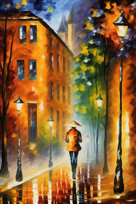 <lora:Leonid Afremov Style:1>Leonid Afremov Style - A charming European street scene, with old buildings and cobblestone roads, drenched in vibrant hues of orange and yellow, just like a painting by Leonid Afremov.