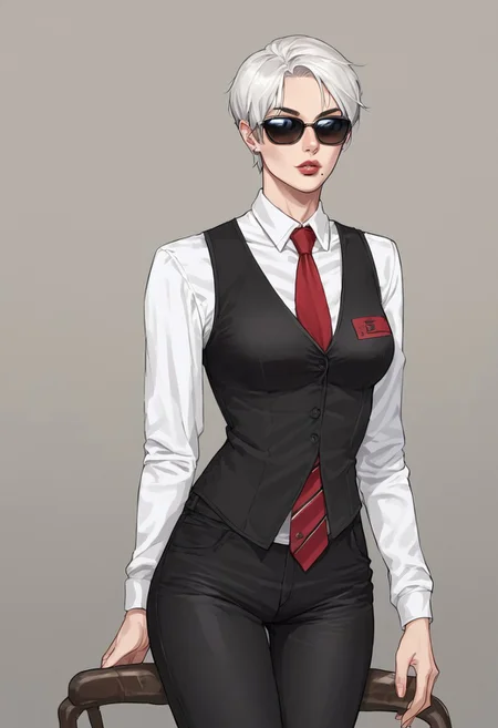 score_9, score_8_up, score_7_up, source_anime, BREAK 1girl, solo, Strangelove, short hair, white hair, Sunglasses, mole under lips, white shirt, long sleeves, black vest, red tie, black pants, tight clothes,