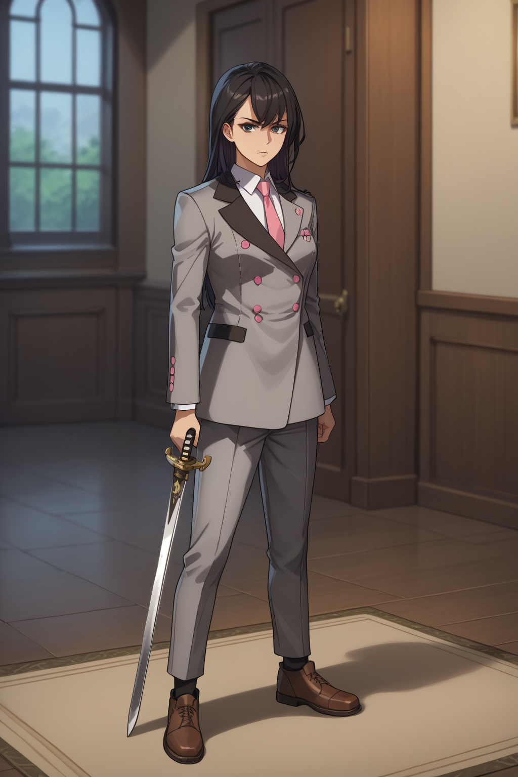score_9, score_8_up, score_7_up, score_6_up, score_5_up, score_4_up, masterpiece, high quality, BREAK, full body, BREAK, 1girl,  <lora:Wendy Sato:0.8> Black hair, grey eyes, large breasts, grey suit, pink necktie, gauntlets, katana, <lora:SwordPlantedStanding:0.9> SwordPlanted, standing, sword in hand, sword planted, weapon