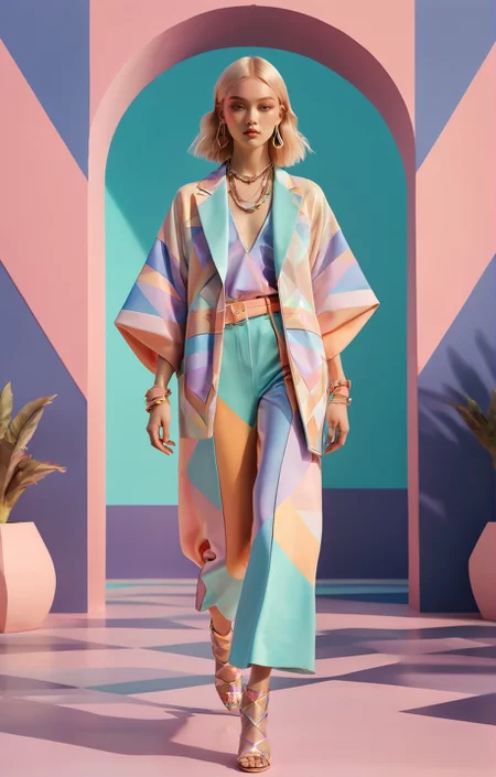 GTA style art of (Runway fashion:1.4), Bohemian aesthetic, a forbidden love story between a geisha and a samurai warrior, bathed in the soft glow of paper lanterns, pastel colors, stunning background. dark and moody, a mesmerizing blend of light and shadow. masterpiece, absurdres, intricate details <lora:Runway_Fashion_XL:1.0>, satirical, exaggerated, GTA art style, vibrant colors, iconic characters, action-packed