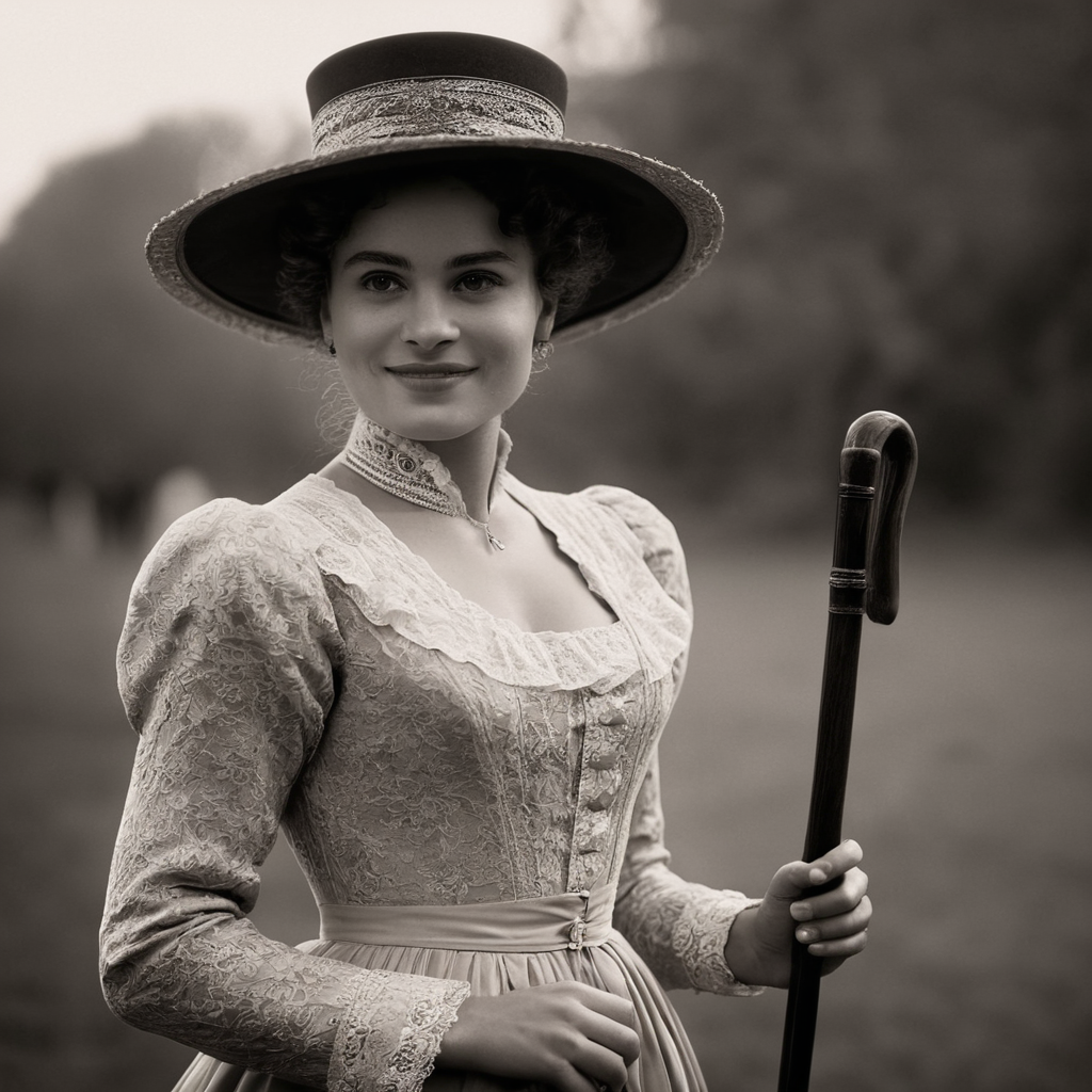 cinematic film still of  <lora:1800's style:1>
19th Century In the 1800's time era a woman in a dress and hat holding a cane,1girl,solo,looking at viewer,smile,short hair,long sleeves,hat,dress,bow,monochrome,curly hair,cane,afro , detailed, detailed background, detailed scene, perfect, perfection, cinematic, filmic, historical (themed), 1800's style, shallow depth of field, vignette, highly detailed, high budget, bokeh, cinemascope, moody, epic, gorgeous, film grain, grainy