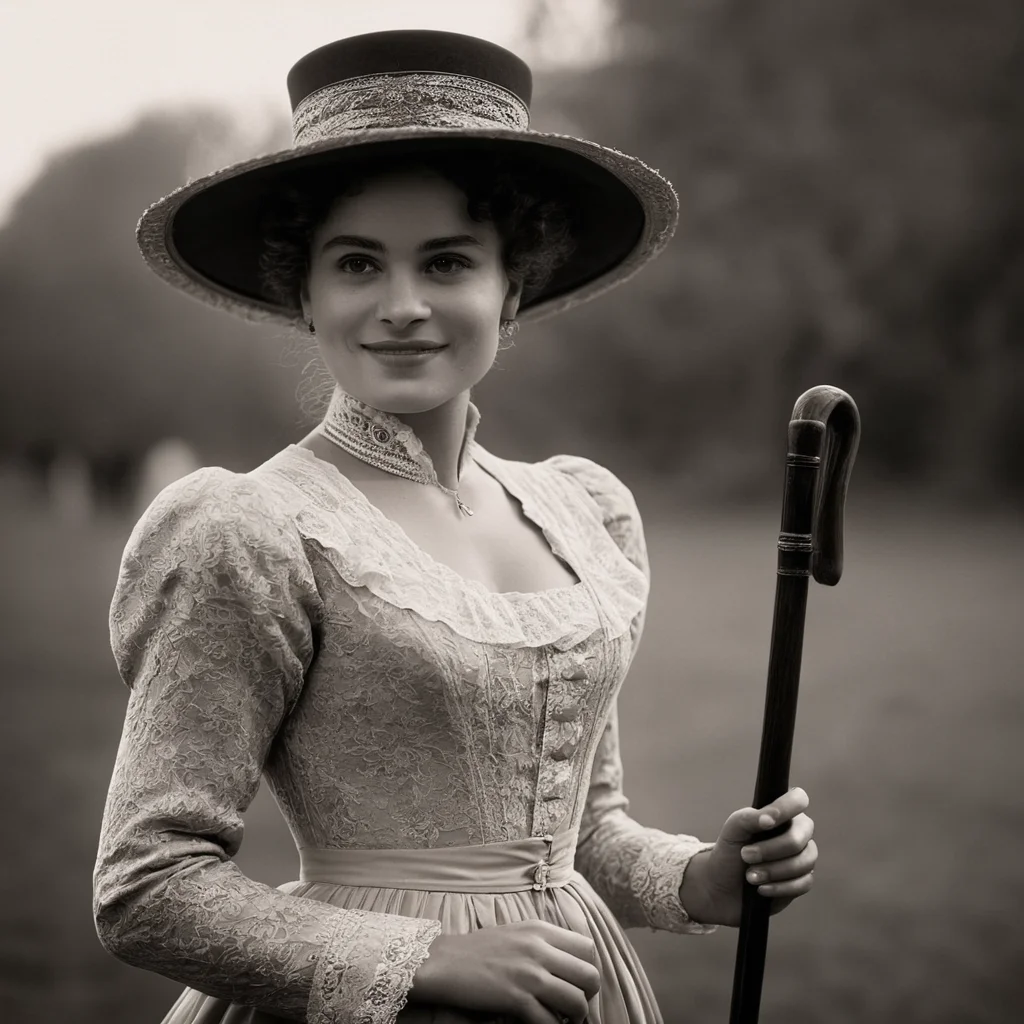cinematic film still of <lora:1800's style:1>
19th Century In the 1800's time era a woman in a dress and hat holding a cane,1girl,solo,looking at viewer,smile,short hair,long sleeves,hat,dress,bow,monochrome,curly hair,cane,afro , detailed, detailed background, detailed scene, perfect, perfection, cinematic, filmic, historical (themed), 1800's style, shallow depth of field, vignette, highly detailed, high budget, bokeh, cinemascope, moody, epic, gorgeous, film grain, grainy