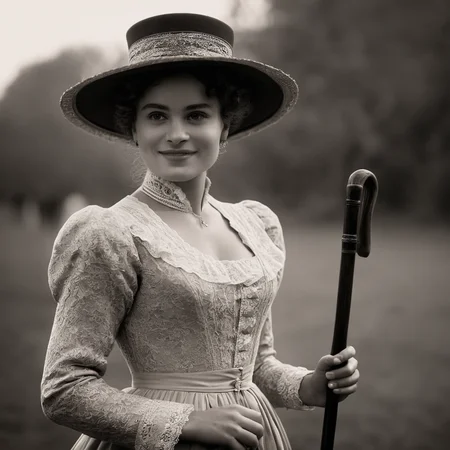 cinematic film still of  <lora:1800's style:1>
19th Century In the 1800's time era a woman in a dress and hat holding a cane,1girl,solo,looking at viewer,smile,short hair,long sleeves,hat,dress,bow,monochrome,curly hair,cane,afro , detailed, detailed background, detailed scene, perfect, perfection, cinematic, filmic, historical (themed), 1800's style, shallow depth of field, vignette, highly detailed, high budget, bokeh, cinemascope, moody, epic, gorgeous, film grain, grainy
