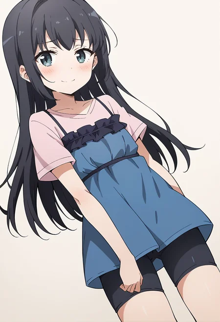 score_9, score_8_up, score_7_up, score_6_up, score_5_up, score_4_up, masterpiece, source_anime, 1girl, c-ruri, flat chest, black hair, long hair, blue dress, pink shirt, short sleeves, bike shorts under dress, simple background, beige background, looking at viewer, light smile, dutch angle, blush,  <lora:Rumi_Tsurumi_ver2_Pony_c:0.9>