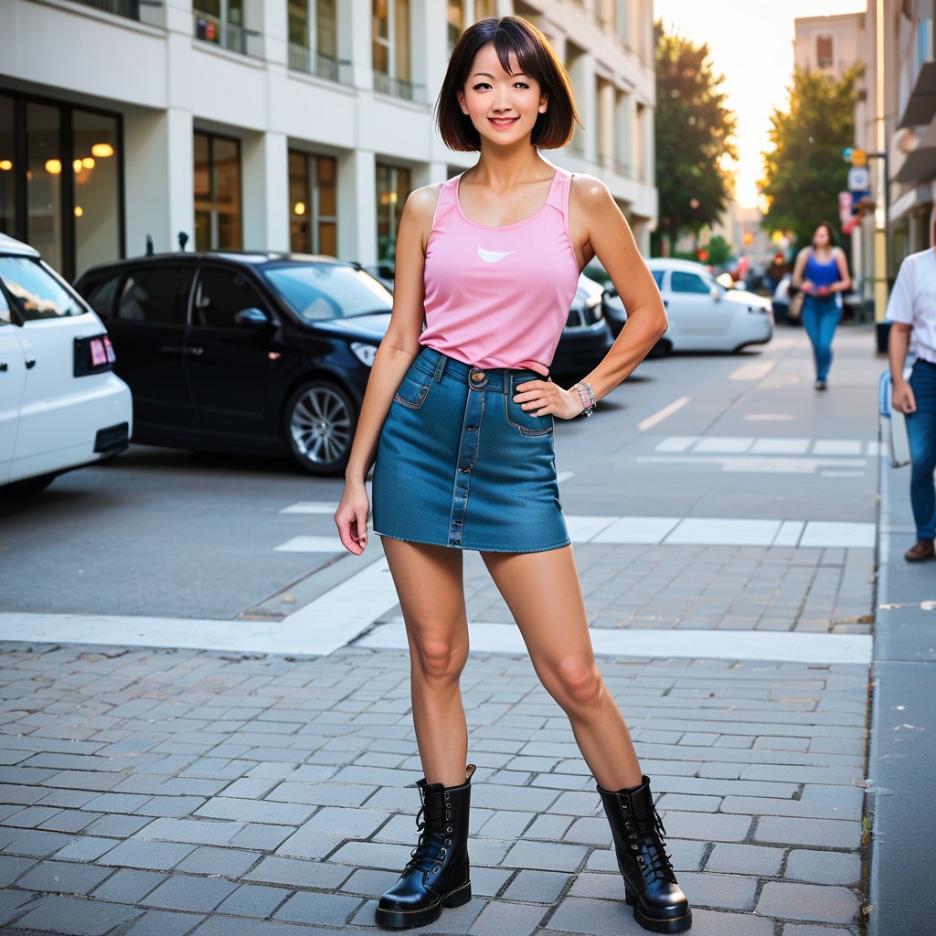 Score_9_up, score_8_up, score_7_up, (masterpiece, best quality, high quality, realistic, ultra detailed), hyperrealistic, (UHD quality details), 1girl, standing, asian, hand on hip, short bobbed hair, pink tank top, denim skirt, dm boots, black dm boots, outside, street, sunshine, depth of field, 8k uhd, absurd res, volumetric lighting, beautiful composition, intricate detail, professional photography