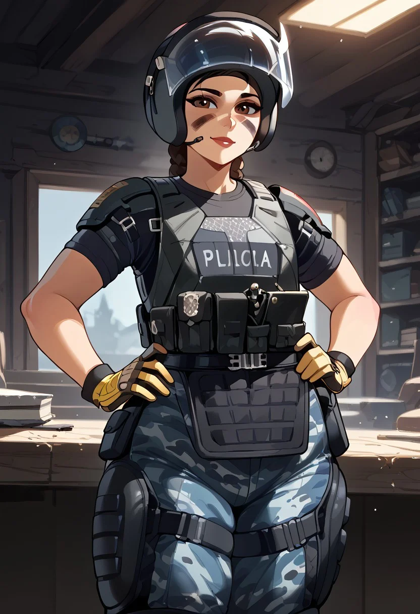 score_9, score_8_up, score_7_up, BREAK,Expressiveh, (masterpiece, best quality, highres detail),inside ,workshop,<lora:Mira_Rainbow_Six_Siege_PONY_XL_by_UOC:1>, mira, mira \(Rainbow Six Siege\),1girl,adult,solo, standing,hands on hips ,looks at viewer,horny,((curvy:1),flat chest,fupa),beutiful face ,facepaint,lips,helmet,face shield,beutiful eyes,brown eyes,yellow gloves,black t-shirt,armor,blue camouflage pants