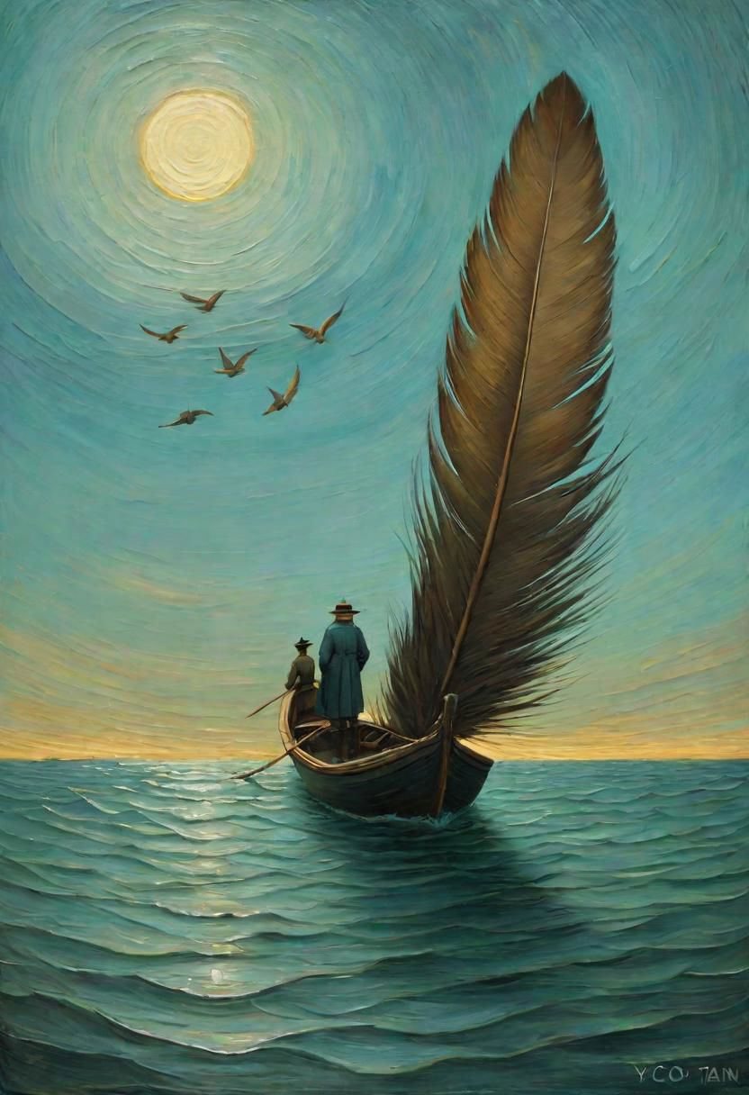 <lyco:ShaunTan:1.0> feather gods, fantasy surrealism, oil painting, impressionism, mix the styles of Van Gogh and Shaun Tan