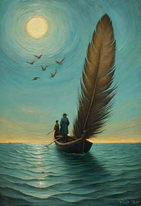 <lyco:ShaunTan:1.0> feather gods, fantasy surrealism, oil painting, impressionism, mix the styles of Van Gogh and Shaun Tan