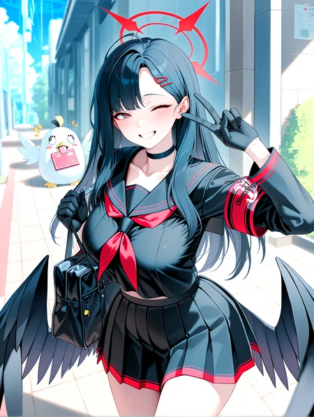 masterpiece, best quality, absurdres, amazing quality <lora:cfg_scale_boost:0.3> <lora:StS-Illustrious-Detail-Slider-v1.0:3> <lora:StS_Age_Slider_Illustrious_v1:3>,detailed_background,outdoors,red neckerchief,black serafuku,neckerchief,serafuku,armband,1girl,red halo,choker,highres,red armband,long hair,black shirt,ichika \(blue archive\),peroro \(blue archive\),smile,bag,black bag,v,black skirt,low wings,black hair,shoulder bag,shirt,one eye closed,blue archive,school uniform,akamin435,gloves,absurdres,black choker,black eyes,solo,black gloves,skirt,halo,black wings,feathered wings,wings