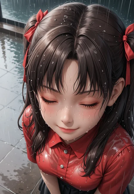 Masterpiece,best quality,highresolution,very aesthetic,((anime style)),detailed eyes,

1 female,Jedrnto, brown hair,black hair ribbons, red shirt, black skirt, black stockings,

aerial view,medium shot,focus face,looking up,
standing,(((eyes closed))),wet face,wet clothes,heavy rain,smile,closed mouth,at peace,