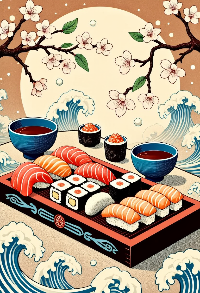 UkiyoFusion. 
A meticulously illustrated Japanese banquet featuring an elegantly arranged sushi platter on a decorated wooden tray. Succulent salmon, tuna, and maki rolls rest alongside delicate cherry blossoms adorned with flowing patterns. The tablecloth showcases gentle wave-like swirling motifs, inspired by traditional Ukiyo-e prints. Soft waves and leaves in the background add a sense of movement and harmony to the composition.