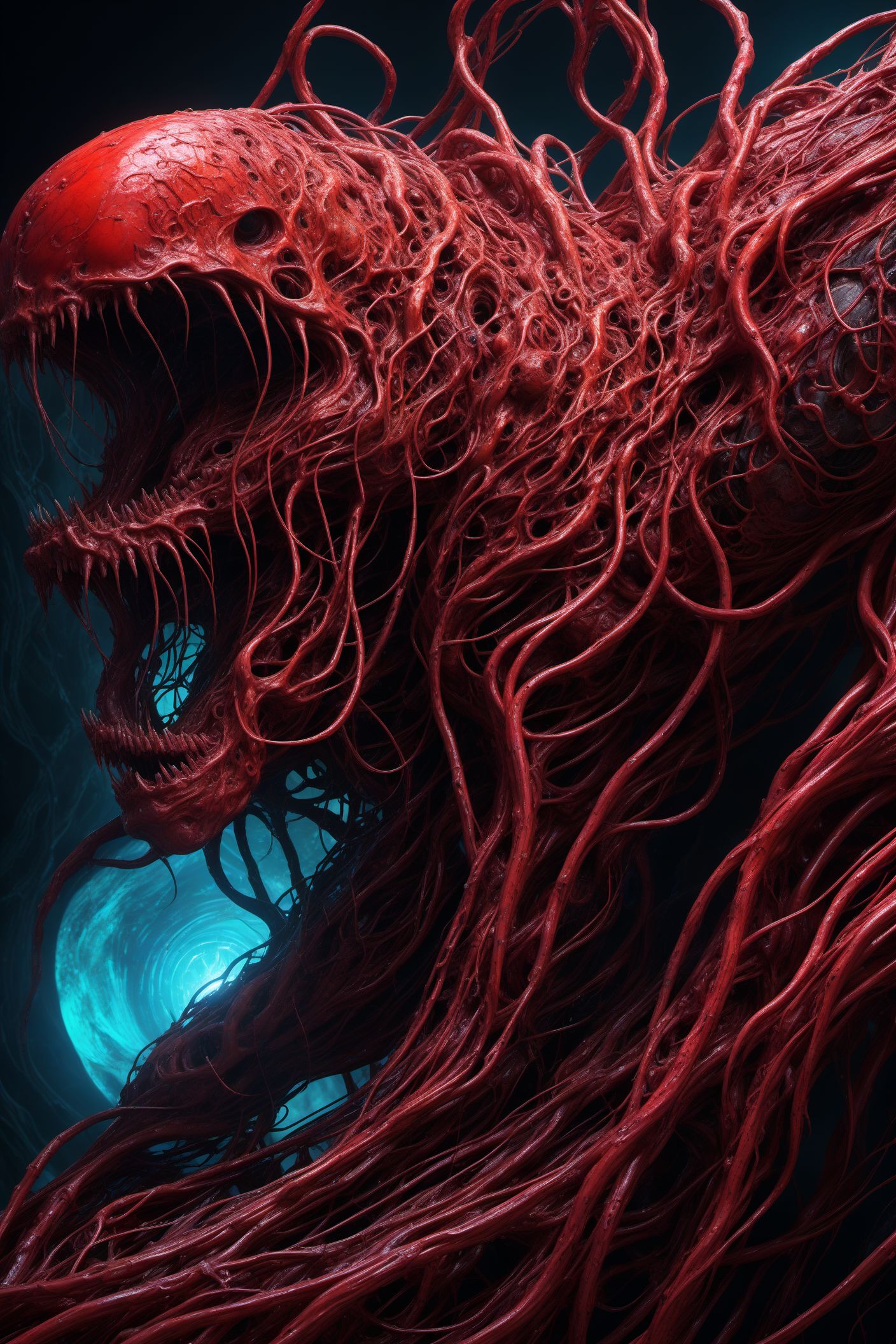 a cybermutant fleshmutant made of pulsating flesh and biomechanical limbs, fusion of flesh and machine, quivering tumors, fleshy growths, mutagenic, cybernetic hoses, wires, anime style, 2d, fighting game style masterpiece, best quality, ultra realistic, 32k, RAW photo, detail skin, 8k uhd, dslr, high quality, film grain,\nShort and messy hair, dynamic, vibrant, action-packed, detailed character design, reminiscent of fighting video games, black bloody veins growing and intertwining out of the darkness, oozing thick neon rainbow blood, veins growing and pumping blood, vascular networks growing, connecting, expanding, red veins everywhere, zdzislaw beksinski, (vibrant colors:1.1), (Infrared:1.2), Rust, Hypercube, ultra detailed, intricate, oil on canvas, ((dry brush, ultra sharp)), (surrealism:1.1), (disturbing:1.1), beksinski style painting, sparks, lens flare, rim lighting, backlighting, RTX, Post Processing, satanic cross, man body, muscular, venom costume, (japanese portal), death shadow nightmare ethereal beast, floating into the abyssal heights, nebula, cinematic, dreaming, Film light, bathing in light, very sharp focus, Hyper detailed, Hyper realistic, masterpiece, spiritual, surreal, atmospheric, maroon cream bronze, High resolution, Vibrant, High contrast, dark angle, 8k, HDR, 500px, dystopian
 <lora:ab0m1:0.6>, ab0m