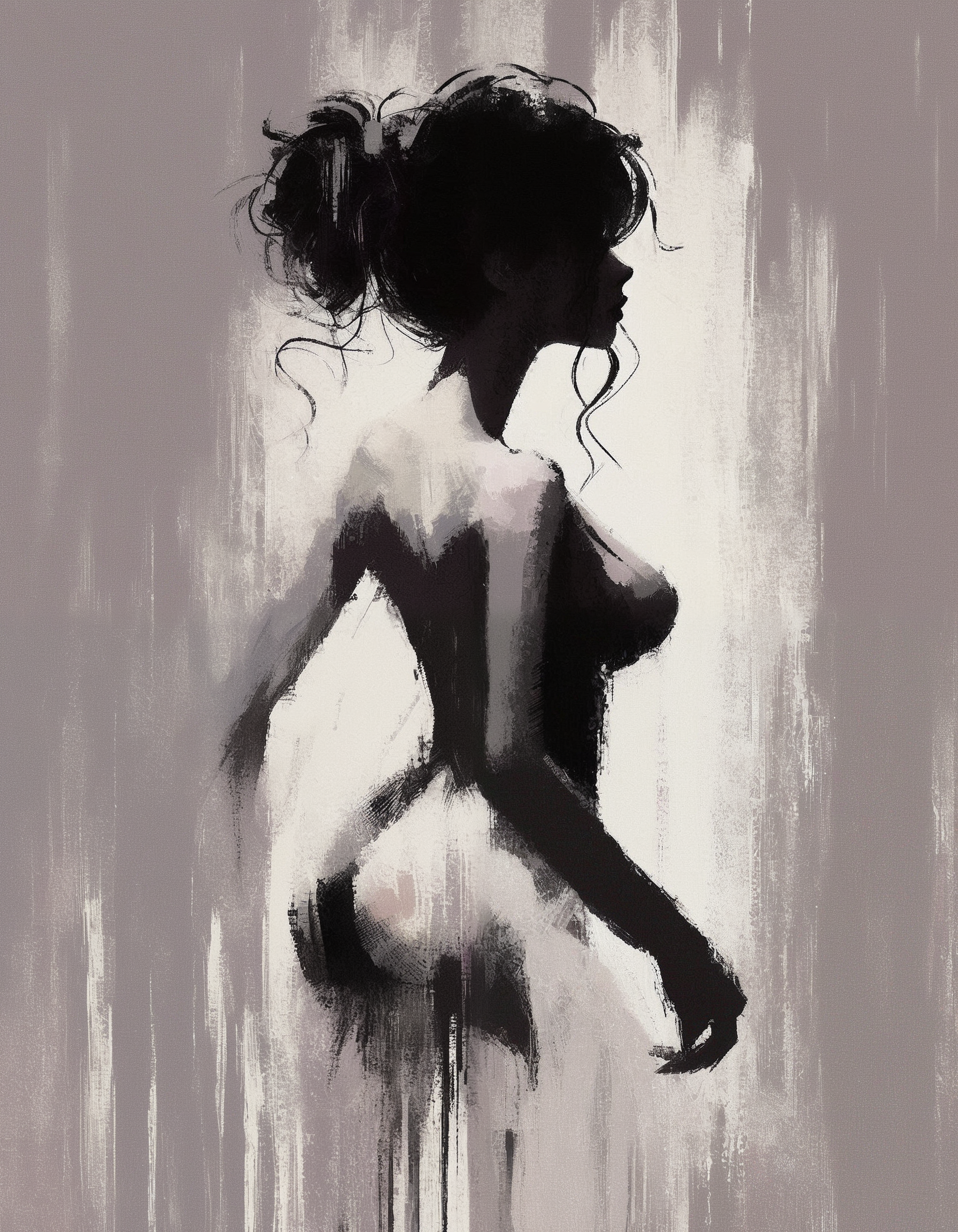 digital impressionist painting, 1girl, silhouette, side view, large breasts, large nipples, shorter black hair, simple bright background