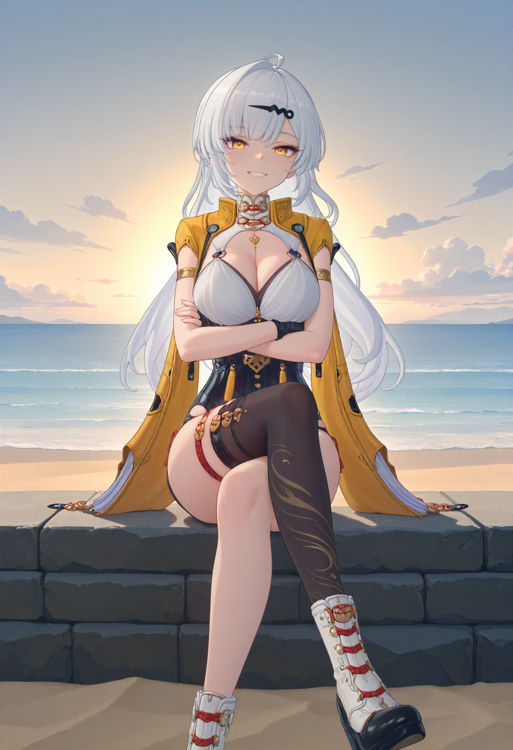 masterpiece, best quality, amazing quality, very aesthetic, absurdres, newest, scenery, volumetric lighting, perfect eyes, ultra detailed, anime,
1girl, Yixuan, solo, white hair, long hair, braid, ahoge, hair pin, yellow eyes, eyelashes, hair brooch, 
yellow jacket, open jacket, short sleeves, gold armband, white top, cleavage, white collar, red laces, gold ornaments, black corset, yellow winged cape, black fingerless gloves, asymmetrical legwear, one thigh high, thigh strap, black and white boots,
sitting, crossed legs, looking at viewer, happy, mischievous grin, sly grin, crossed arms, visible feet, full body,
beach background, sand, ocean, clouds, detailed background, beautiful frame,
<lora:Yixuan_-_Zenless_Zone_Zero_ZZZ_-_Illustrious:1>
masterpiece, best quality, amazing quality, very aesthetic, absurdres, newest, scenery, volumetric lighting, perfect eyes, ultra detailed, anime,