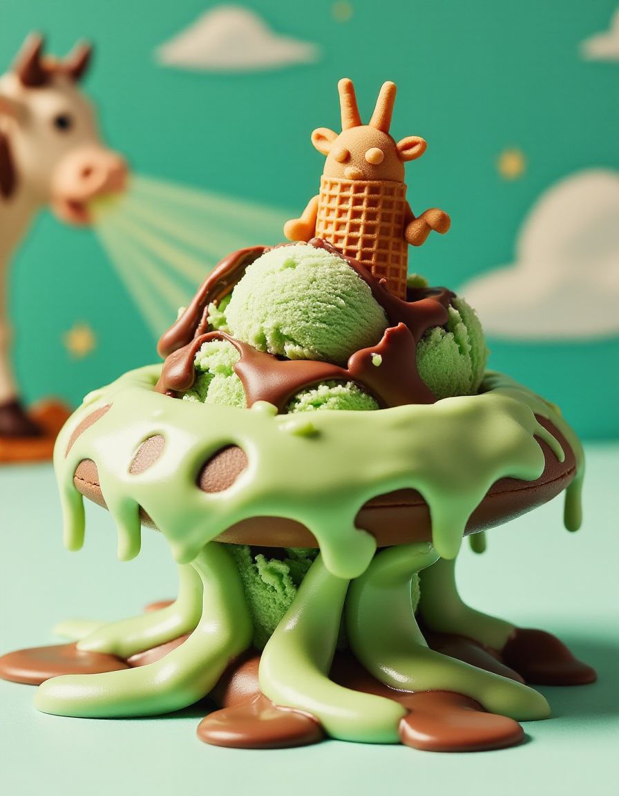 A melting, alien-themed ice cream sculpture shaped like a flying saucer, with gooey, mint-chocolate drips resembling alien slime! ð½ A tiny waffle-cone alien peeks out from the top, waving with a melting chocolate antenna. The background features a cute cow being beamed up by a caramel laser.
<lora:ice-cream-cone-flux:1>