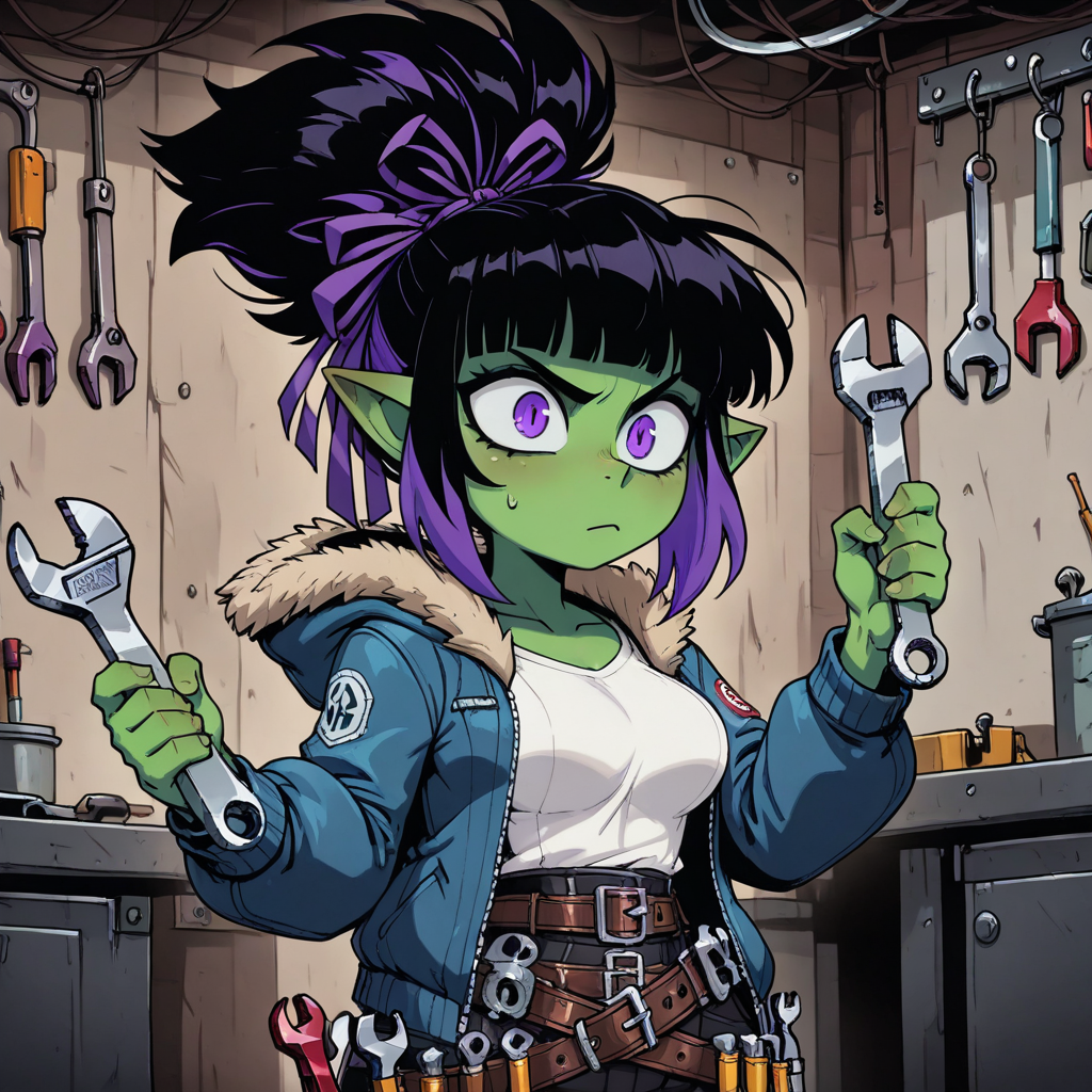 masterpiece, best quality, newest, absurdres, highres, ZANV1.0, 1girl, goblin, shortstack, hair ribbon, tied hair, green skin, green colored skin, two-tone hair, purple hair, black hair, purple eyes, purple ribbon, shirt, jacket, belt, multiple belts, medium breasts, blue jacket, fur-trimmed jacket, hooded jacket, pointy ears, holding wrench, rench, tools, workshop