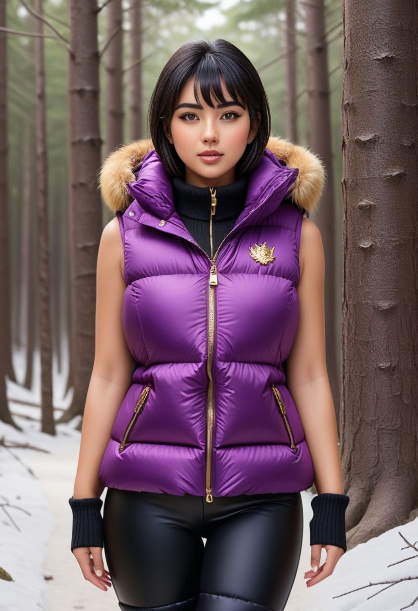 ((((puffer padded jacket)))), ((((puffer padded coat)))), ((((full body)))), ((((fur boots)))), ((((puffer pants)))), ((((puffer hood up)))), winter, snow, forest, 1girl, solo, (masterpiece), detailed face, detailed eyes, (beautiful detailed eyes:1.5), sidelighting, (super detail, hyper detail, intricate_details, detailed), (semi realistic:1.6), (Bob cut), blunt bangs,(black hair), (purple eyes, eyelashs), tanned skin, smug smile, angry face, Golden jewelery, golden rings, golden necklace, golden armlets, golden chains, padded collar, Thick padded collar, <lora:Collar-SDXL:0.6>, <lora:cropped_puffer_vest_v2:0.4>, <lora:snowpants_v1:0.4>