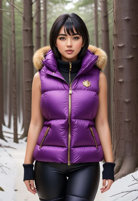 ((((puffer padded jacket)))), ((((puffer padded coat)))), ((((full body)))), ((((fur boots)))), ((((puffer pants)))), ((((puffer hood up)))), winter, snow, forest, 1girl, solo, (masterpiece), detailed face, detailed eyes, (beautiful detailed eyes:1.5), sidelighting, (super detail, hyper detail, intricate_details, detailed), (semi realistic:1.6), (Bob cut), blunt bangs,(black hair), (purple eyes, eyelashs), tanned skin, smug smile, angry face, Golden jewelery, golden rings, golden necklace, golden armlets, golden chains, padded collar, Thick padded collar, <lora:Collar-SDXL:0.6>, <lora:cropped_puffer_vest_v2:0.4>, <lora:snowpants_v1:0.4>