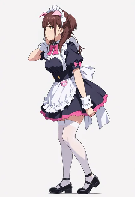 Smooth Quality,masterpiece,very intricate, high quality details, ultra realistic, high detailed skin,detailed enviorement,absurdres,
 <lora:Wahira_Nagomi_CNR:0.8> wahira_cnr, 1girl,brown hair, long hair, two side up, yellow eyes,pig ears, fake animal ears,maid, maid headdress, maid apron, puffy short sleeves,white thighhighs, black footwear, wrist cuffs, frills, pink bowtie,, simple background, white background, from side,solo,
standing pose, arms akimbo, feet slightly apart, determined expression, balanced posture,  ,, :3,