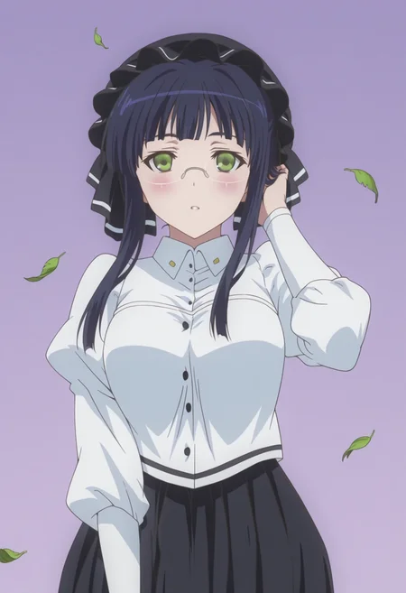 anime screencap, anime coloring,  <lora:DX888Mikan:1> mikan, green eyes, black hair, sidelocks BREAK simple background, purple  background,  BREAK  mob cap, glasses, white shirt, puffy sleeves, black skirt, long skirt, BREAK   1girl, blush, falling leaves, hand in own hair, leaf, parted lips, solo, upper body, wide-eyed, wind, floating hair,,