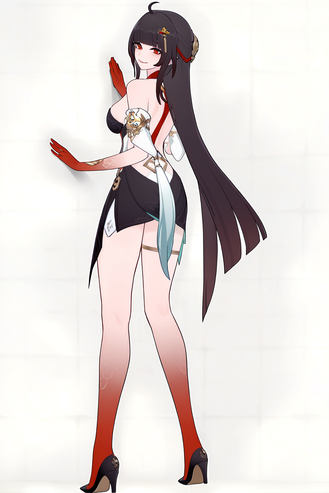 8k, best quality, masterpiece, (ultra-detailed), (high detailed skin), 
full body, full shot, standing, looking at viewer, (solo:1.2), simple background, leaning against a wall, from behind, looking back, looking at viewer, evil smile, up-down, 
<lora:lingsha-a3-Tanger-000014:0.8>, lingsha, default clothes, red hands, red feet, black dress, 1girl, long hair, black hair, breasts, ahoge, high heels,